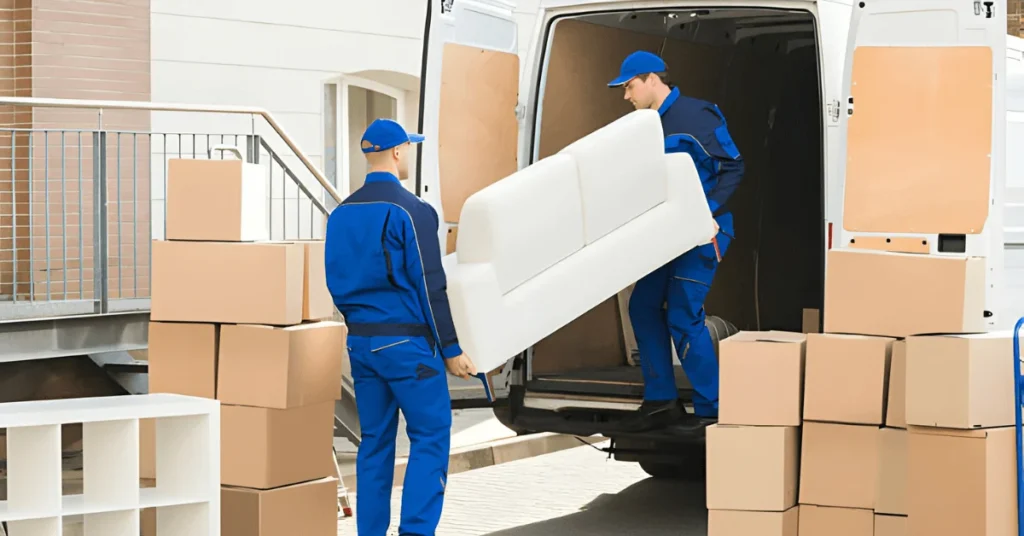 Villa movers in Dubai carefully loading a large sofa and cardboard boxes into a moving van.