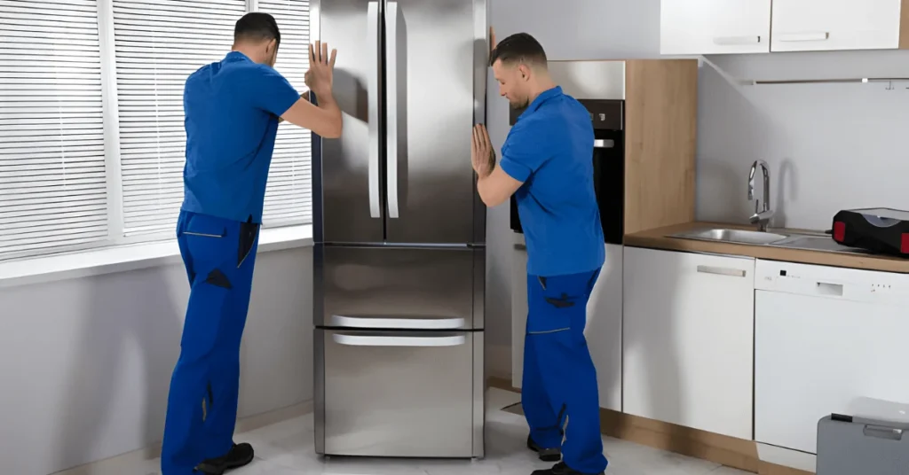 Movers setting fridge