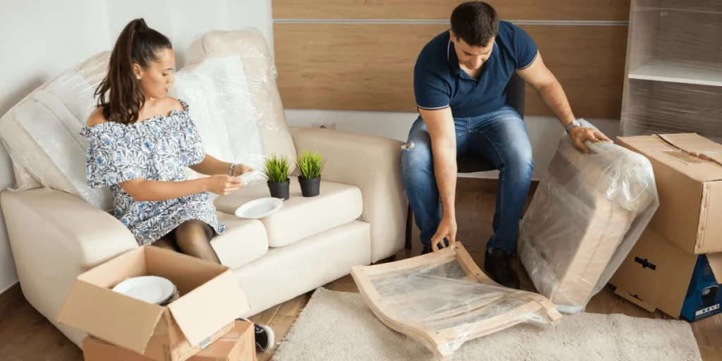 A man and woman are lifting and moving boxes in a spacious living room, preparing for a move or organizing their space.
