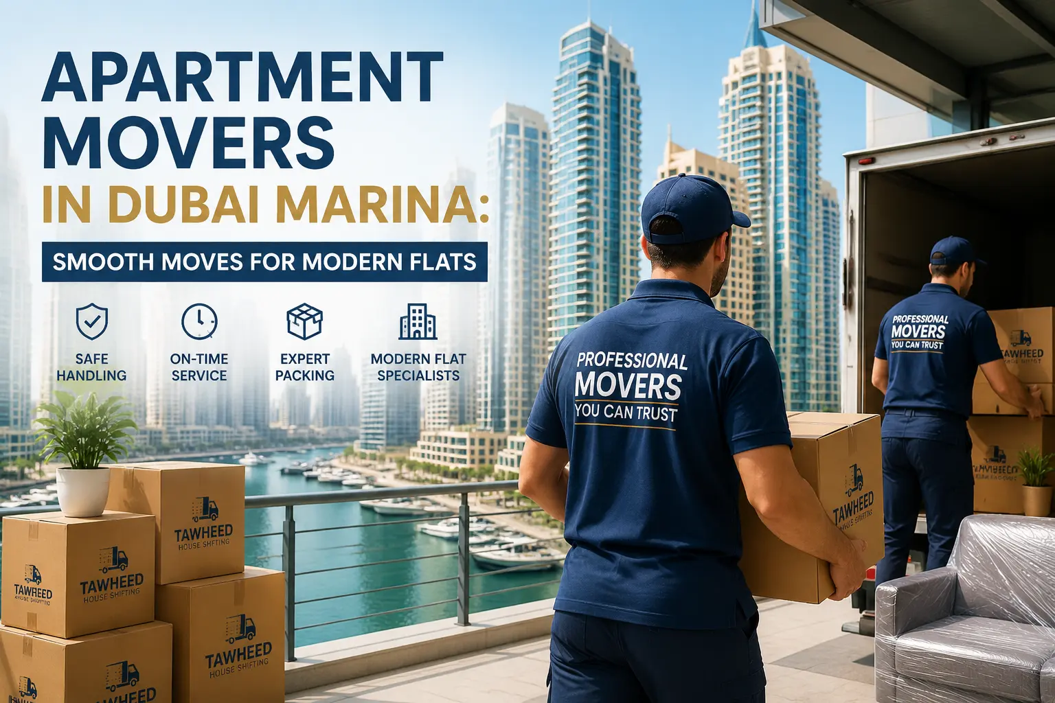 Professional apartment movers carrying boxes in Dubai Marina with skyline in background, demonstrating safe and efficient moving services.